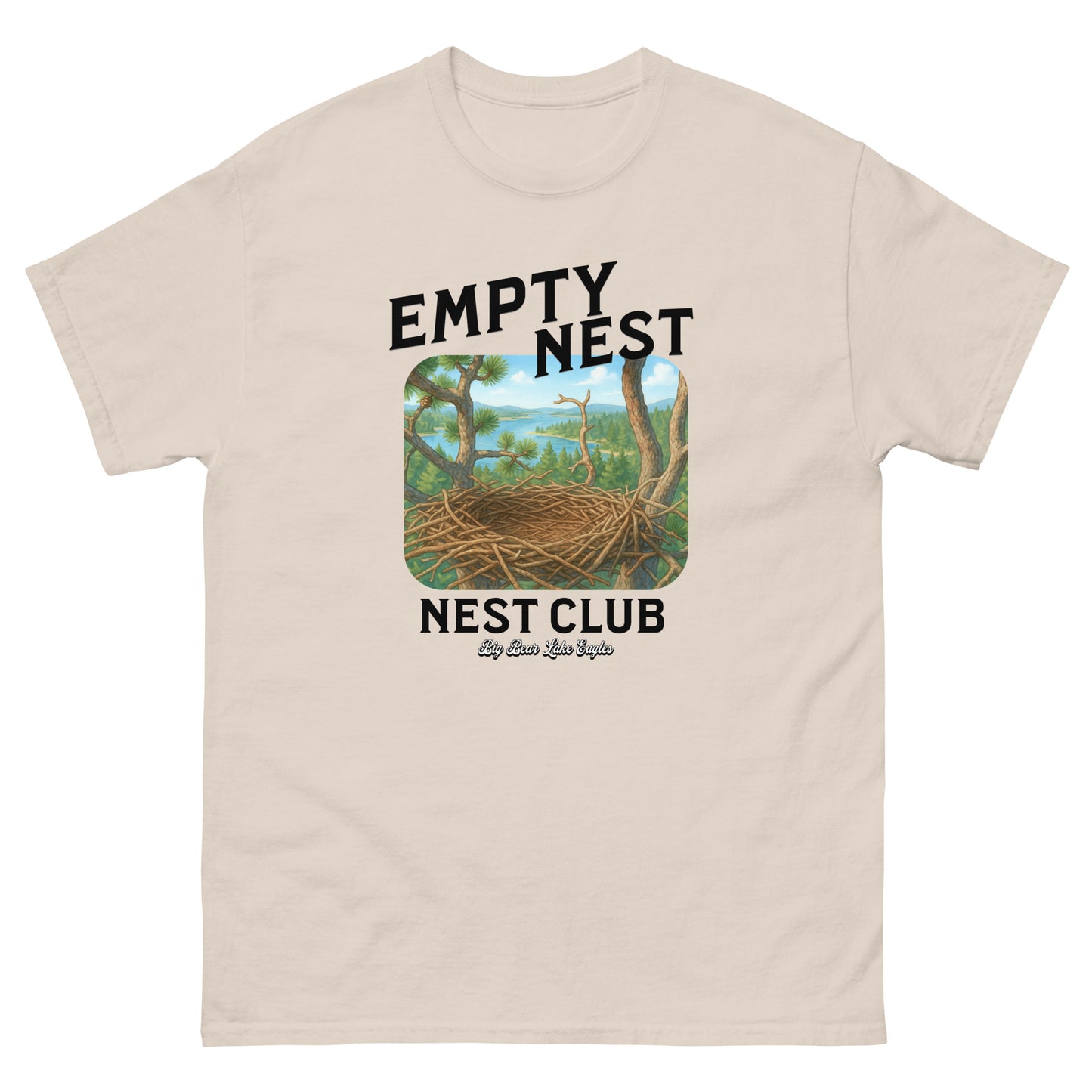 Empty Nest Club T-shirt featuring a graphic of an empty eagle’s nest with the phrase 'Empty Nest Nest Club'—a cozy tribute to life after the eaglets have flown. Perfect for bird lovers and Big Bear Lake eagle fans