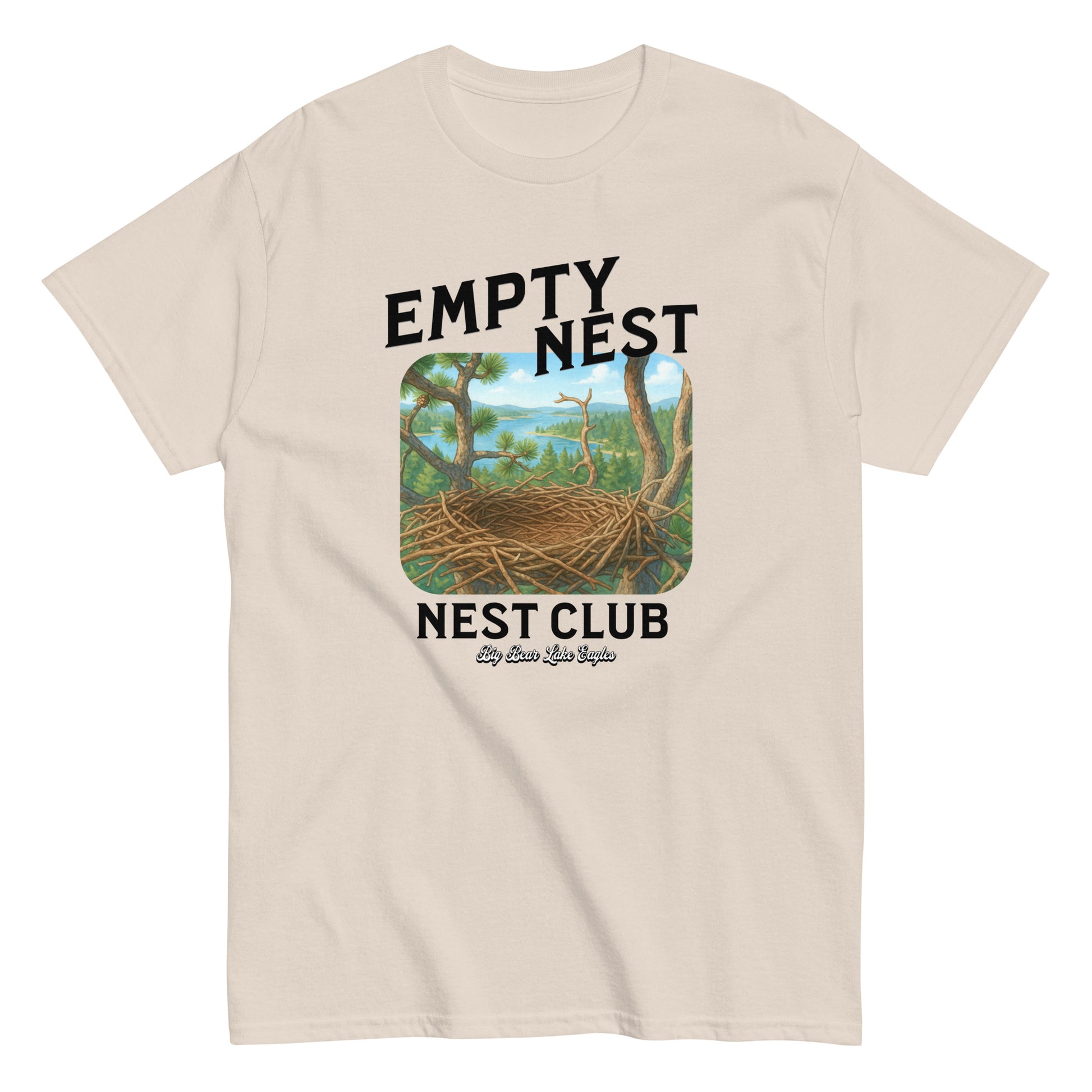 Empty Nest Club T-shirt featuring a graphic of an empty eagle’s nest with the phrase 'Empty Nest Nest Club'—a cozy tribute to life after the eaglets have flown. Perfect for bird lovers and Big Bear Lake eagle fans