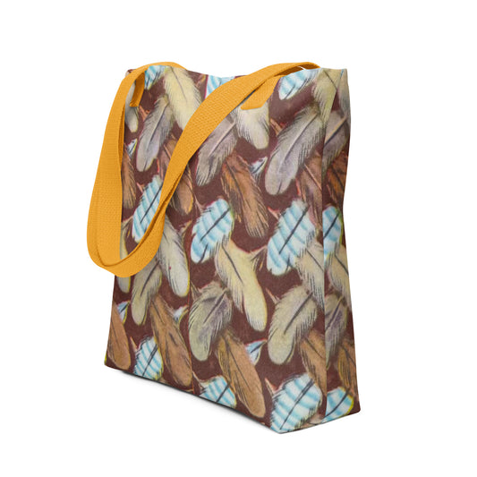 All-over print feather logo tote bag featuring a repeating feather pattern, ideal for birdwatching, travel, and everyday use – lightweight, spacious, and stylish for nature lovers and Big Bear adventurers.