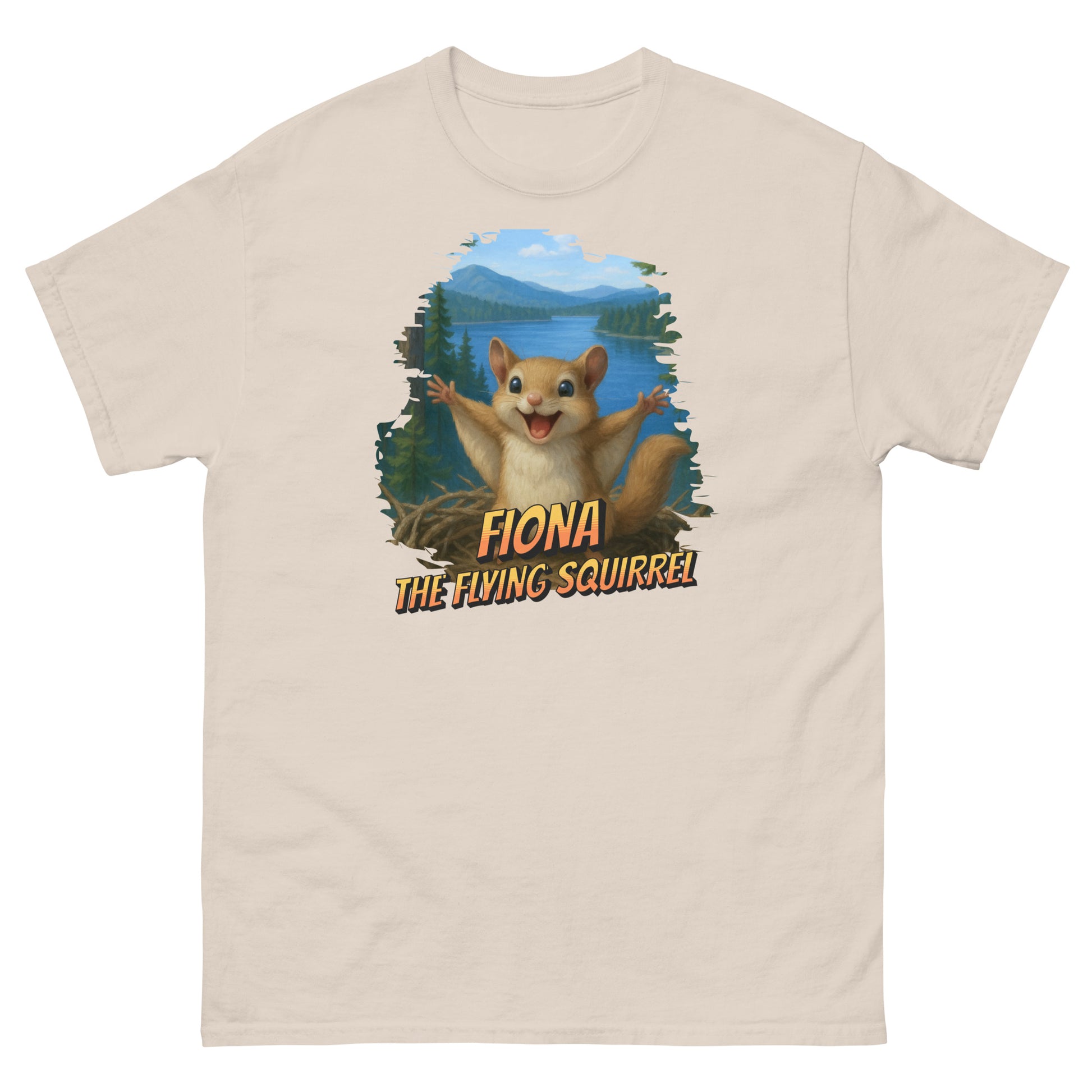 Unisex classic cotton tee shirt featuring Fiona the Flying Squirrel in mid-glide — playful woodland design inspired by Big Bear Lake wildlife, perfect for outdoor lovers and nature fans.