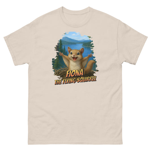 Unisex classic cotton tee shirt featuring Fiona the Flying Squirrel in mid-glide — playful woodland design inspired by Big Bear Lake wildlife, perfect for outdoor lovers and nature fans.
