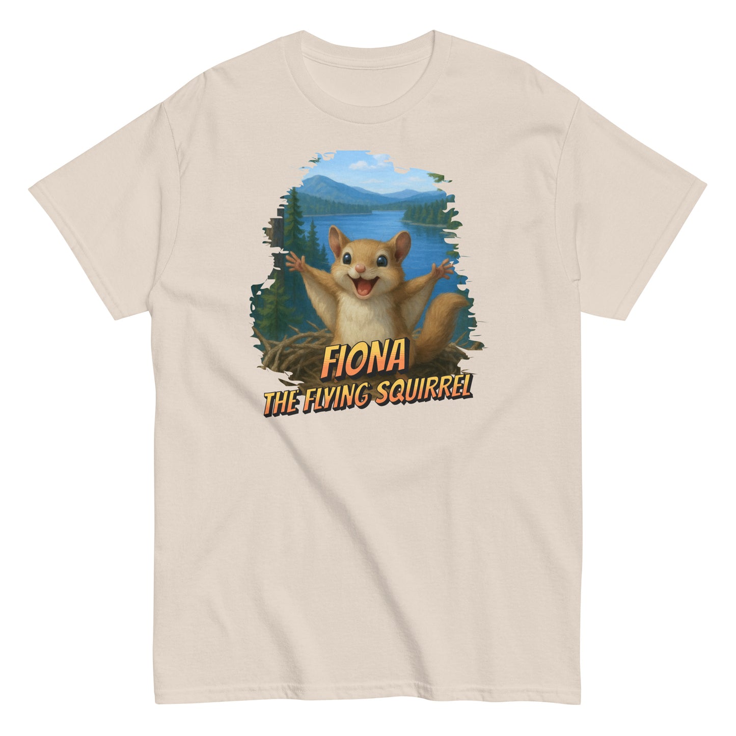 Unisex classic cotton tee shirt featuring Fiona the Flying Squirrel in mid-glide — playful woodland design inspired by Big Bear Lake wildlife, perfect for outdoor lovers and nature fans.
