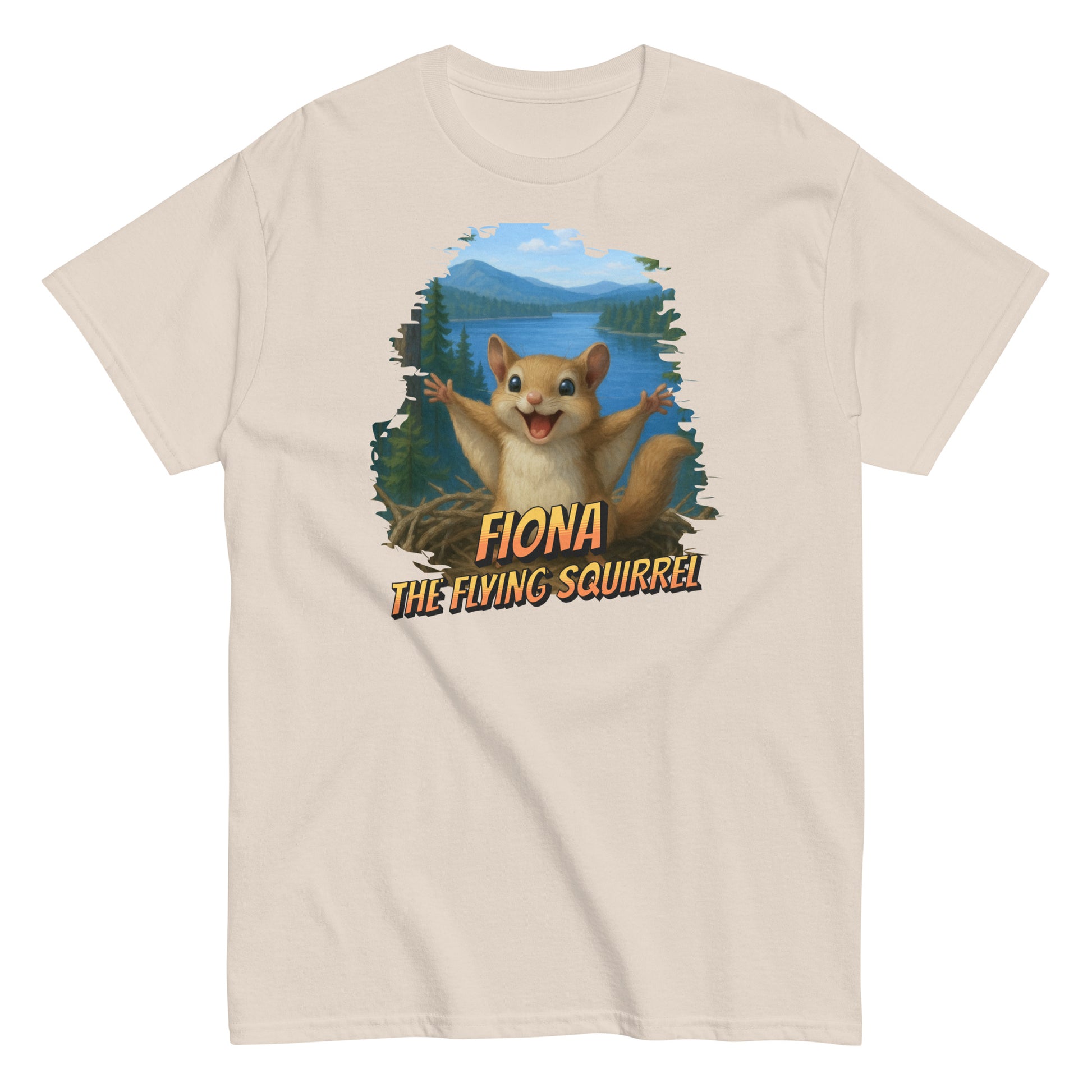 Unisex classic cotton tee shirt featuring Fiona the Flying Squirrel in mid-glide — playful woodland design inspired by Big Bear Lake wildlife, perfect for outdoor lovers and nature fans.