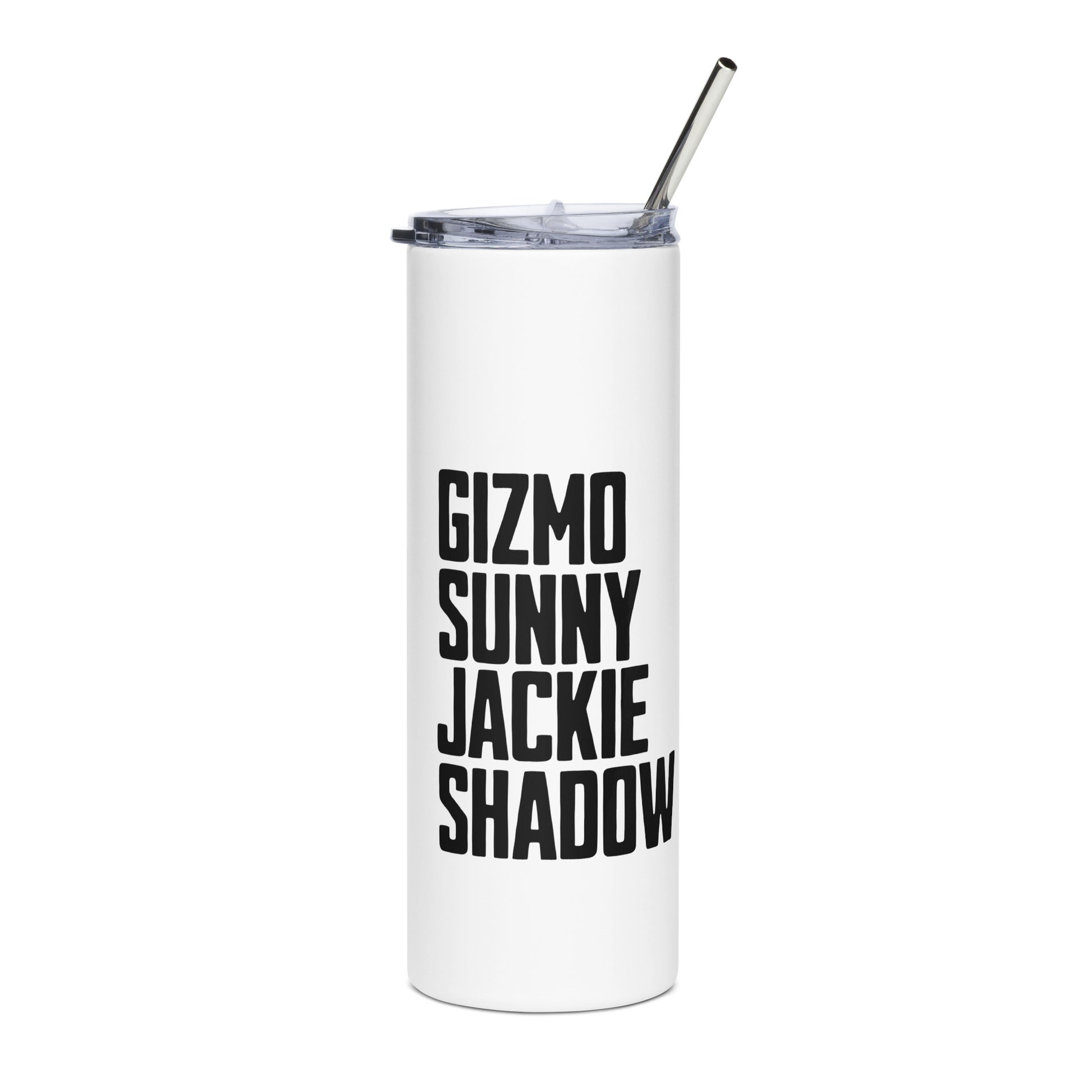 Stainless steel tumbler with reusable metal straw featuring bold names of Big Bear Lake’s eagle family — Gizmo, Sunny, Jackie, and Shadow — perfect for hot or cold drinks on the go.