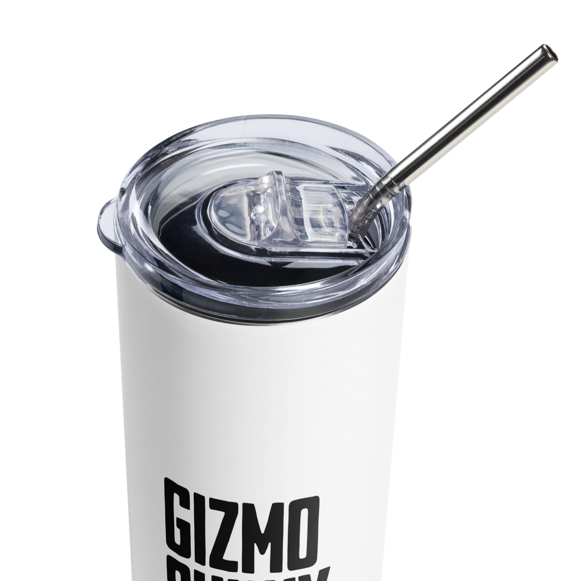 Stainless steel tumbler with reusable metal straw featuring bold names of Big Bear Lake’s eagle family — Gizmo, Sunny, Jackie, and Shadow — perfect for hot or cold drinks on the go.