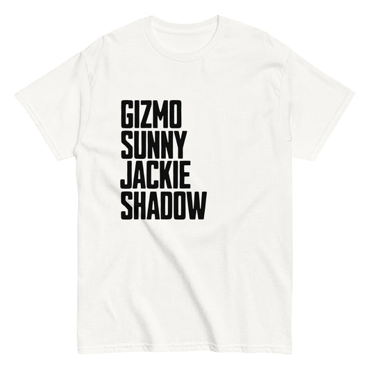 Unisex classic cotton tee shirt with bold wordmark featuring names Gizmo, Sunny, Jackie, and Shadow — a striking tribute to Big Bear Lake’s eagle family, perfect for birdwatchers and nature lovers.