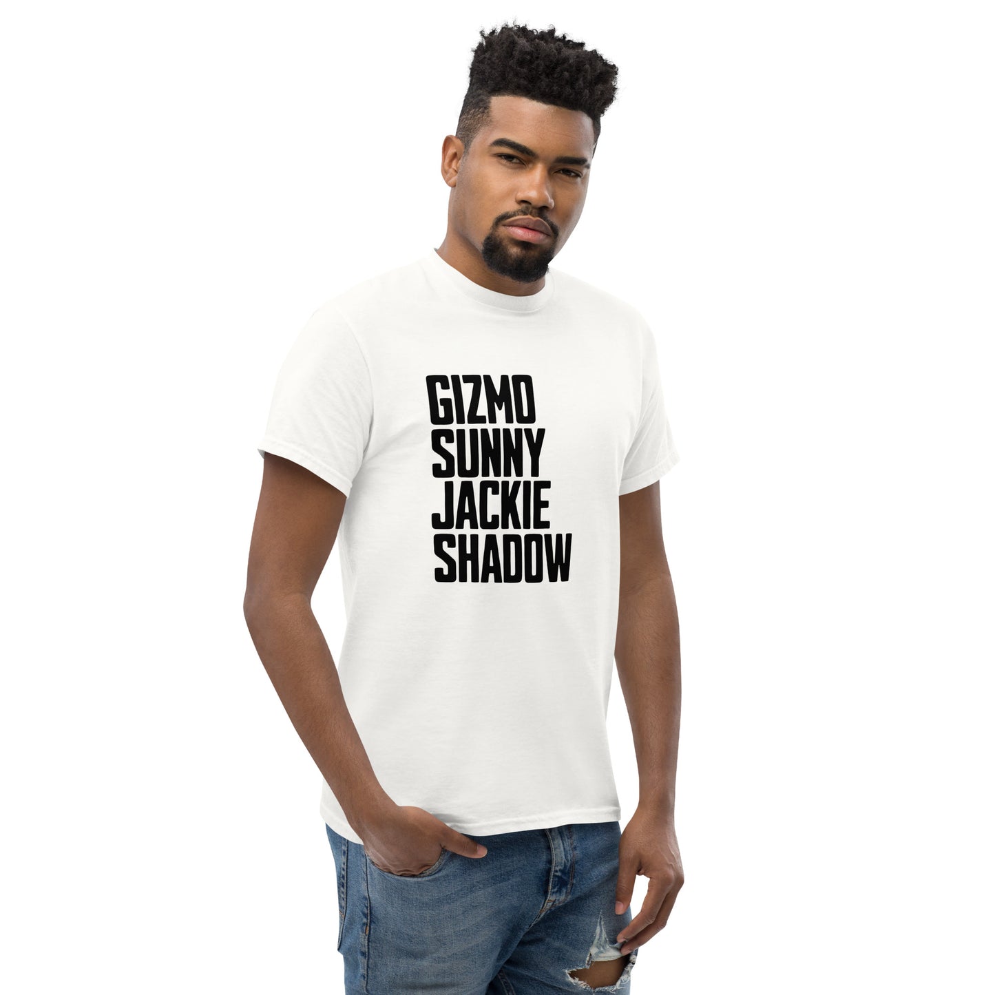 Unisex classic cotton tee shirt with bold wordmark featuring names Gizmo, Sunny, Jackie, and Shadow — a striking tribute to Big Bear Lake’s eagle family, perfect for birdwatchers and nature lovers.