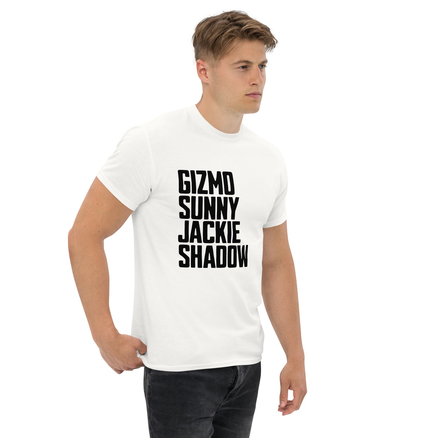 Unisex classic cotton tee shirt with bold wordmark featuring names Gizmo, Sunny, Jackie, and Shadow — a striking tribute to Big Bear Lake’s eagle family, perfect for birdwatchers and nature lovers.