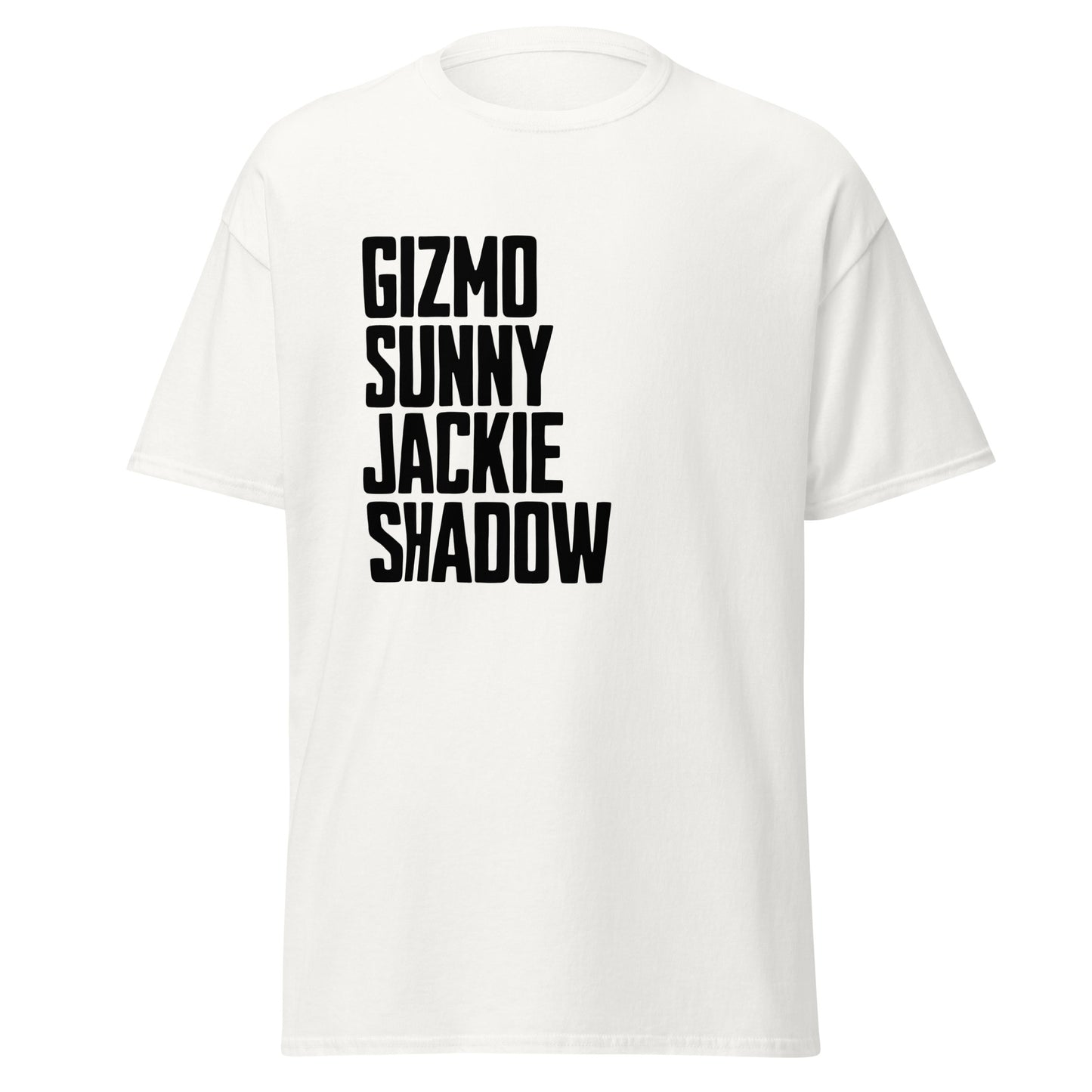 Unisex classic cotton tee shirt with bold wordmark featuring names Gizmo, Sunny, Jackie, and Shadow — a striking tribute to Big Bear Lake’s eagle family, perfect for birdwatchers and nature lovers.