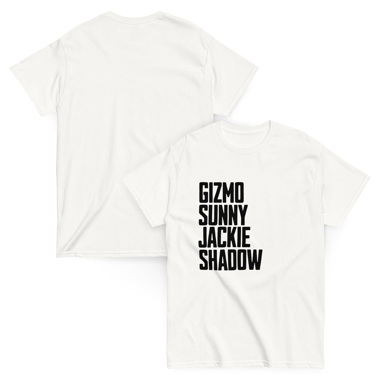 Unisex classic cotton tee shirt with bold wordmark featuring names Gizmo, Sunny, Jackie, and Shadow — a striking tribute to Big Bear Lake’s eagle family, perfect for birdwatchers and nature lovers.