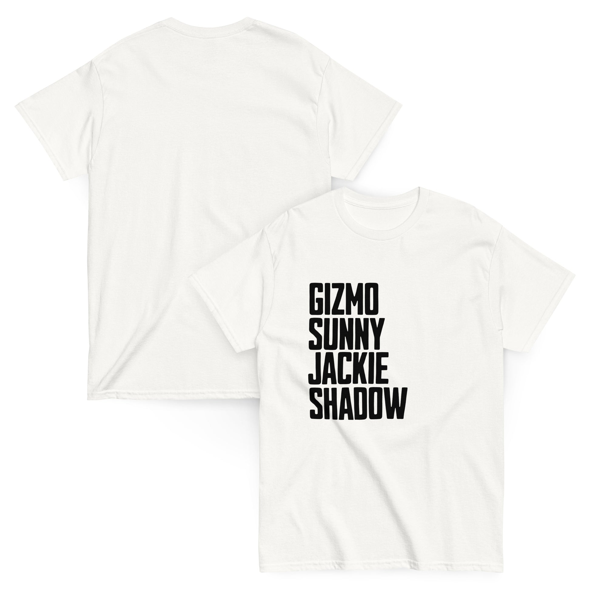 Unisex classic cotton tee shirt with bold wordmark featuring names Gizmo, Sunny, Jackie, and Shadow — a striking tribute to Big Bear Lake’s eagle family, perfect for birdwatchers and nature lovers.