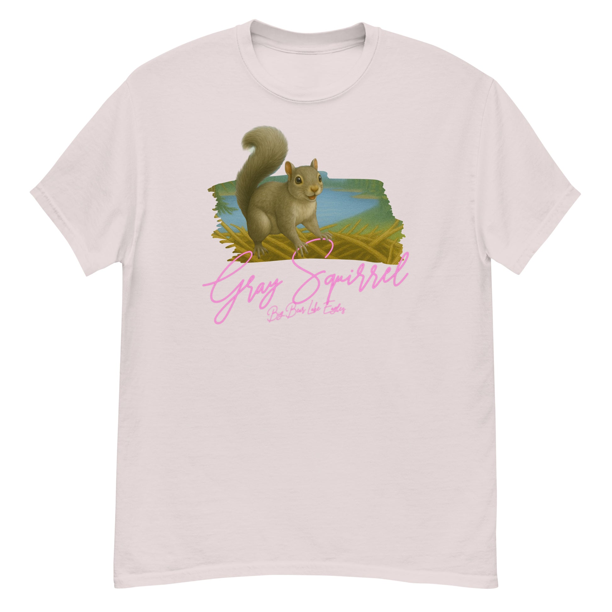 Gray squirrel sitting upright with curled tail, illustrated on a cozy T-shirt from the Big Bear Lake Eagles Nest Visitors wildlife collection.