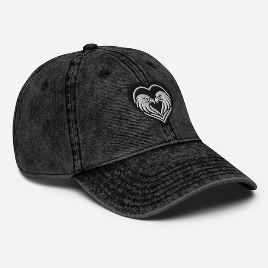 Black Vintage Cotton Twill Baseball Cap, featuring Big Bear Lake Eagles, Jackie & Shadow, in a heart shaped logo.