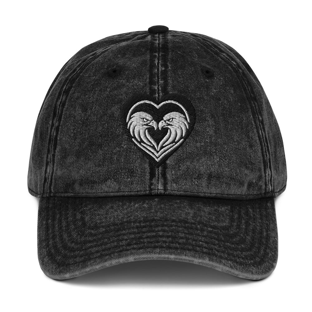 Black Vintage Cotton Twill Baseball Cap, featuring Big Bear Lake Eagles, Jackie & Shadow, in a heart shaped logo.