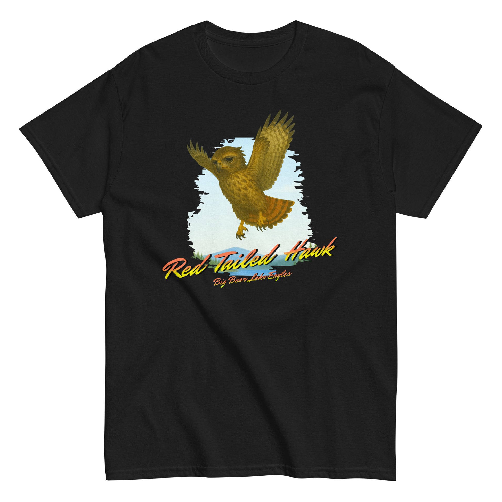 Juvenile Red-Tailed Hawk mid-flight with outstretched wings, printed on a birdwatching-themed shirt from the Nest Visitors Collection.