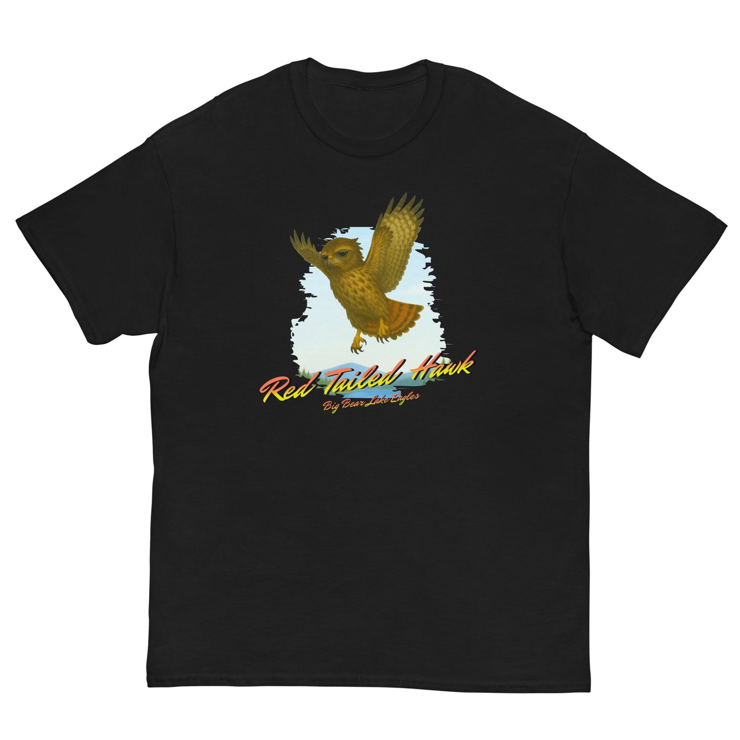 Juvenile Red-Tailed Hawk mid-flight with outstretched wings, printed on a birdwatching-themed shirt from the Nest Visitors Collection.