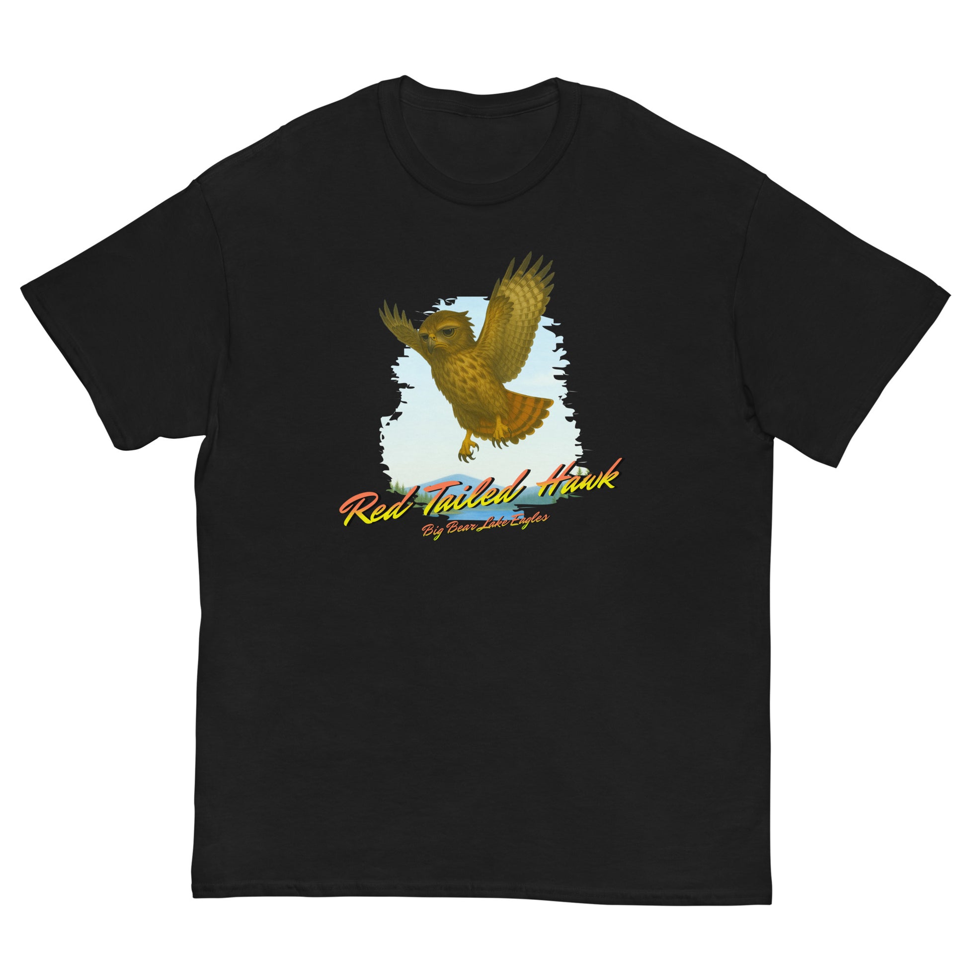 Juvenile Red-Tailed Hawk mid-flight with outstretched wings, printed on a birdwatching-themed shirt from the Nest Visitors Collection.