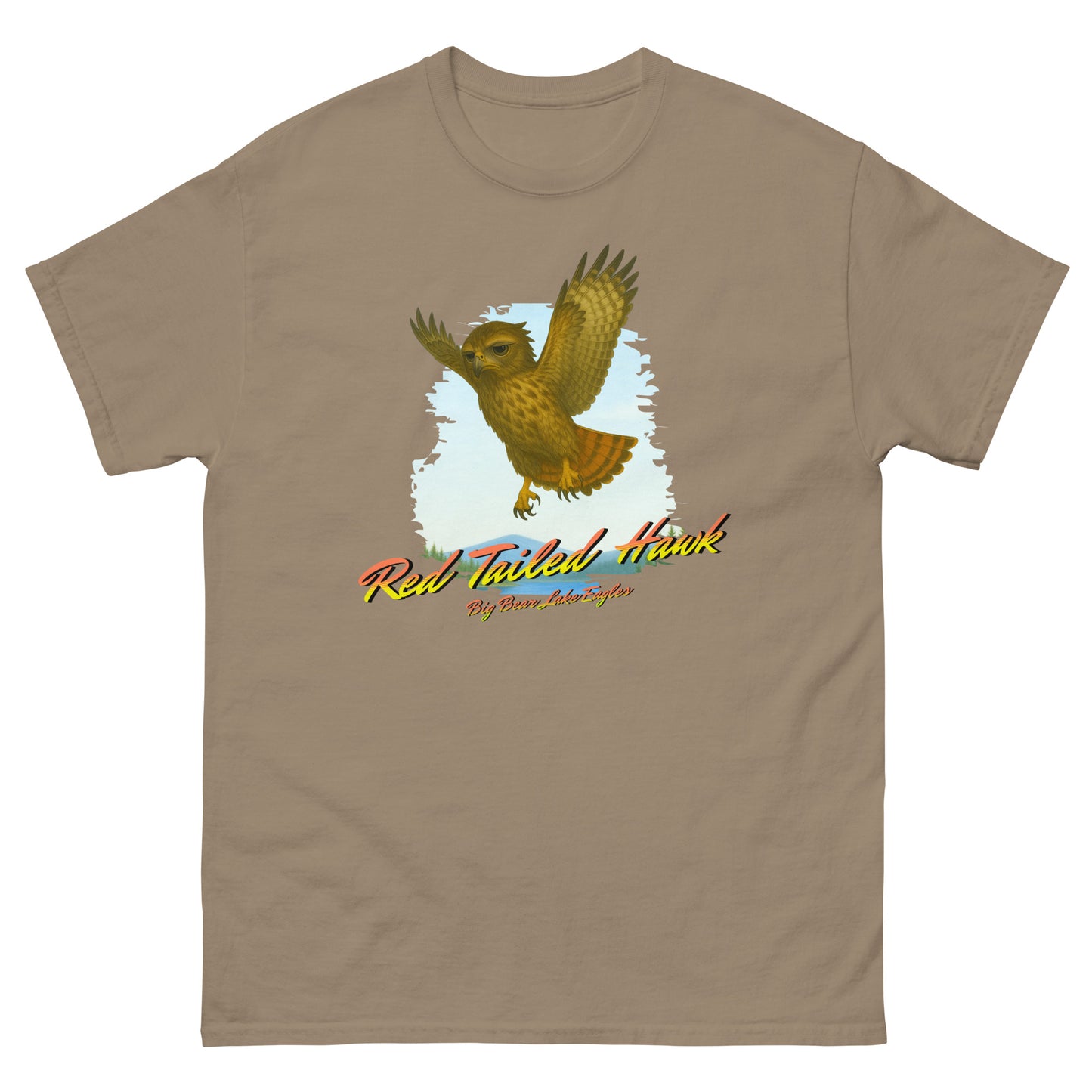 Juvenile Red-Tailed Hawk mid-flight with outstretched wings, printed on a birdwatching-themed shirt from the Nest Visitors Collection.