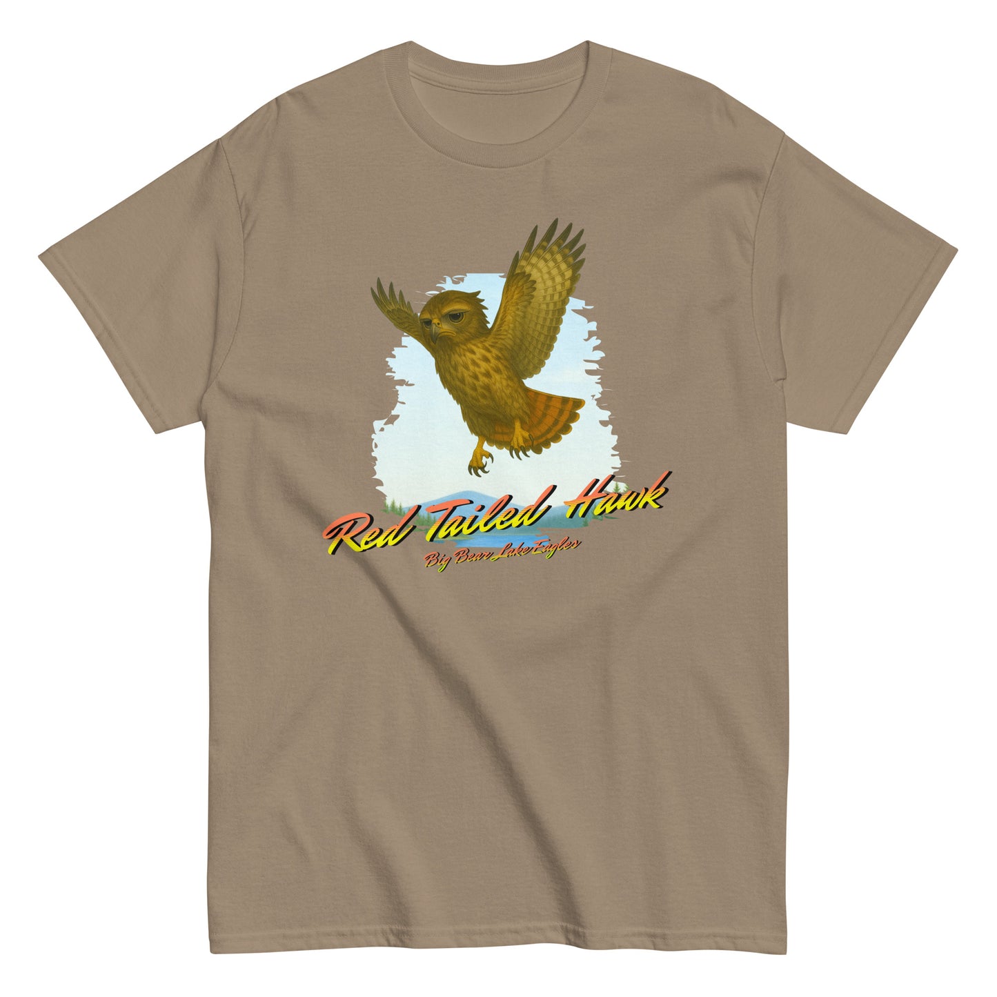 Juvenile Red-Tailed Hawk mid-flight with outstretched wings, printed on a birdwatching-themed shirt from the Nest Visitors Collection.