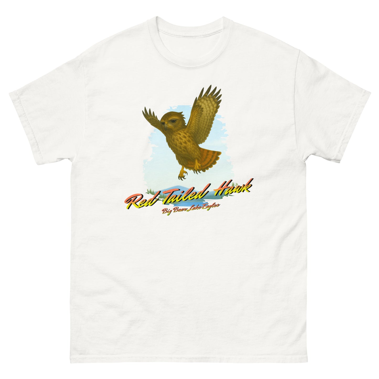 Juvenile Red-Tailed Hawk mid-flight with outstretched wings, printed on a birdwatching-themed shirt from the Nest Visitors Collection.