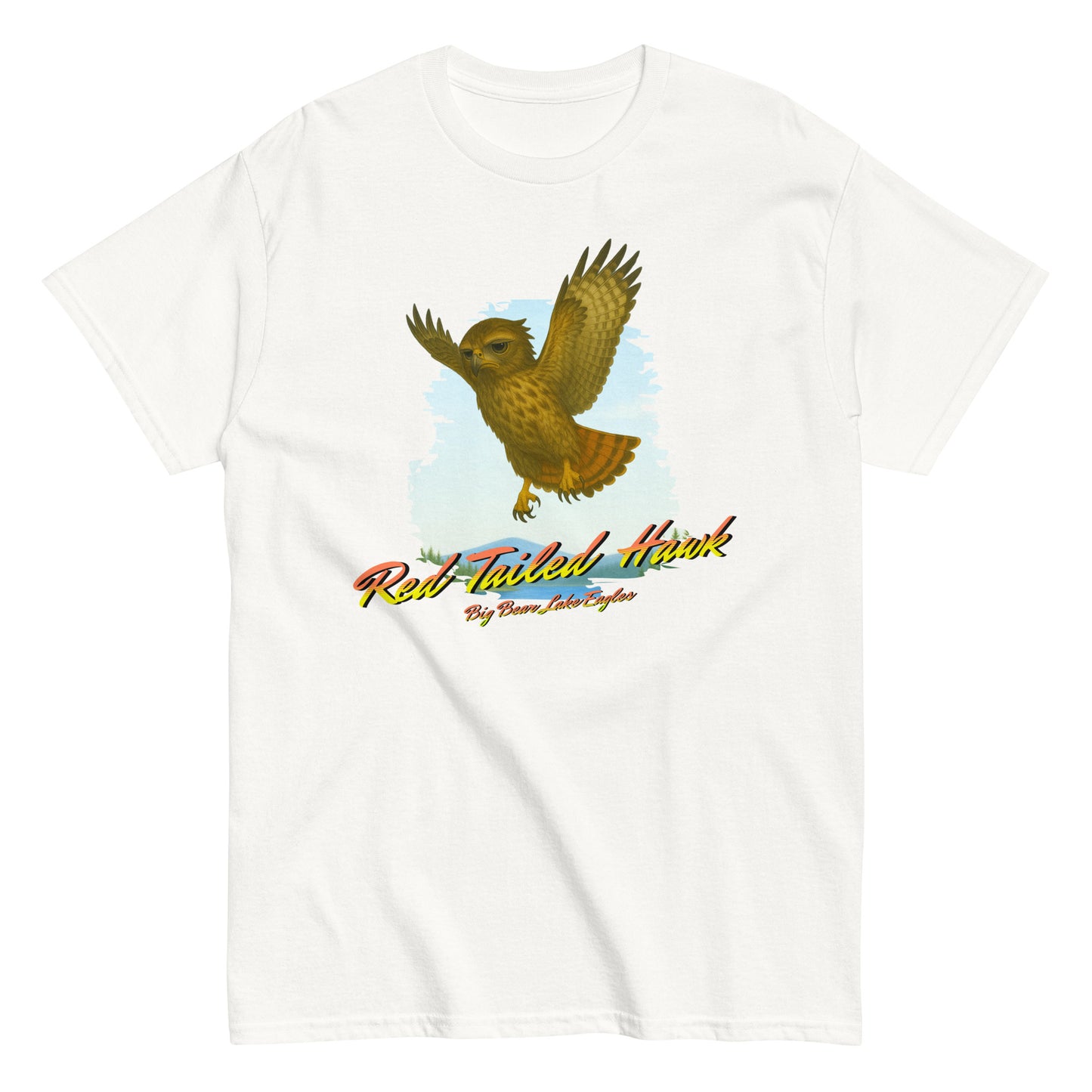 Juvenile Red-Tailed Hawk mid-flight with outstretched wings, printed on a birdwatching-themed shirt from the Nest Visitors Collection.