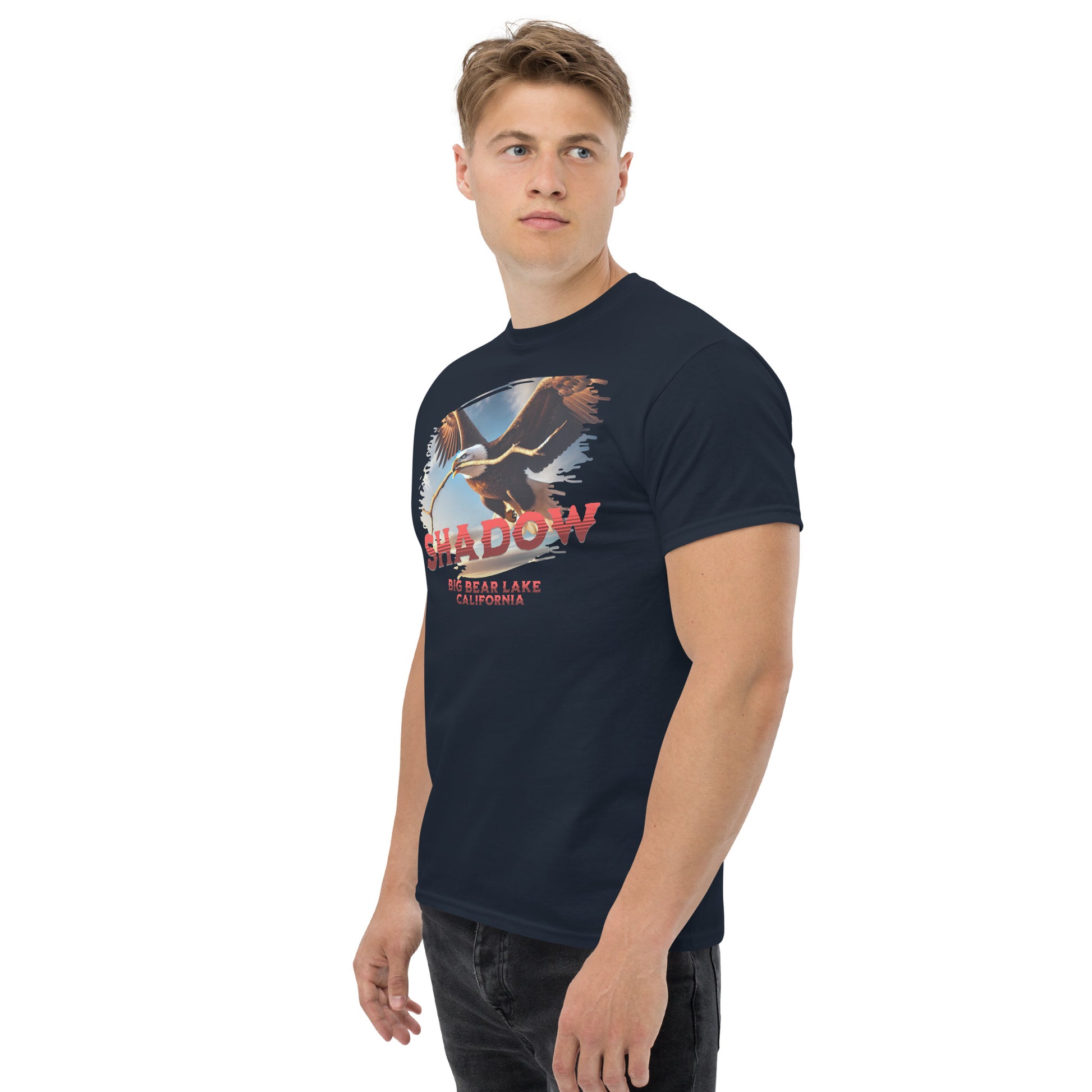 Shadow with Stick Classic T Shirt in deep navy, featuring silhouette eagle artwork holding a stick — ideal for eagle watchers and Big Bear Lake nature lovers seeking a bold, timeless look.