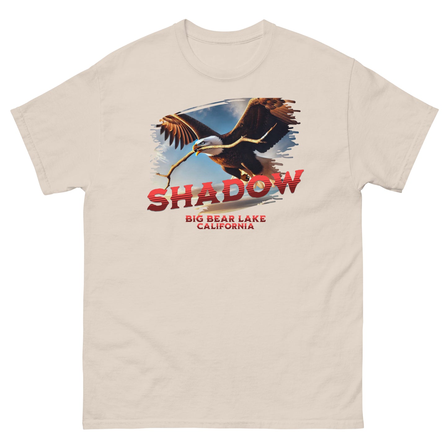 Shadow with Stick Classic T Shirt in deep navy, featuring silhouette eagle artwork holding a stick — ideal for eagle watchers and Big Bear Lake nature lovers seeking a bold, timeless look.