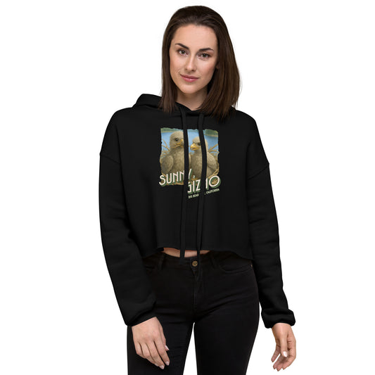 Crop hoodie featuring artwork of Sunny and Gizmo, Big Bear Lake’s beloved eaglets, with a raw hem and matching drawstrings—perfect for cozy, casual eagle fans