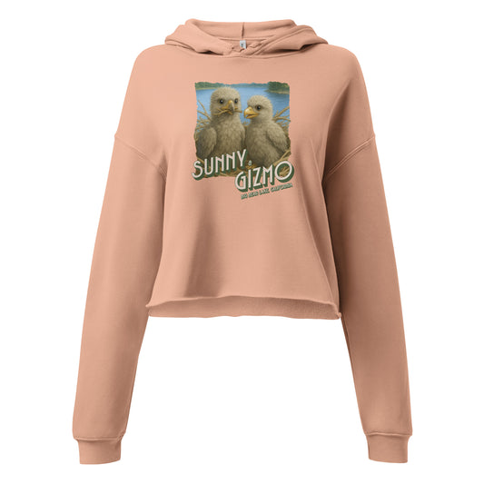 Crop hoodie featuring artwork of Sunny and Gizmo, Big Bear Lake’s beloved eaglets, with a raw hem and matching drawstrings—perfect for cozy, casual eagle fans