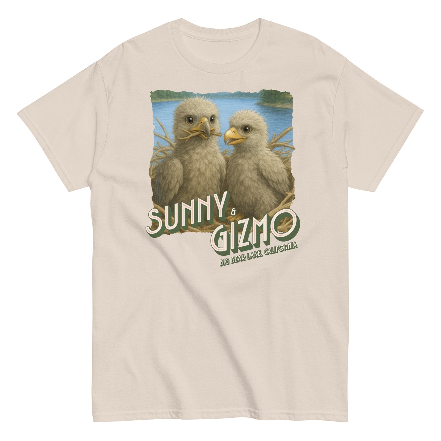 Sunny and Gizmo Tee-Shirt featuring Big Bear Lake’s beloved eaglets printed on a 100% cotton unisex classic tee — soft, structured fit ideal for bird lovers and eagle cam fans