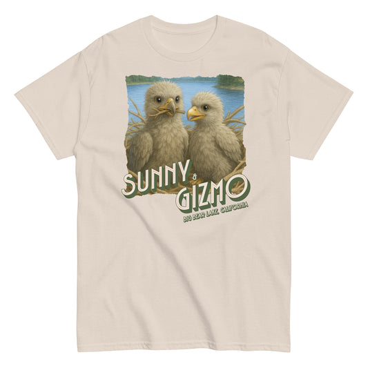 Sunny and Gizmo Tee-Shirt featuring Big Bear Lake’s beloved eaglets printed on a 100% cotton unisex classic tee — soft, structured fit ideal for bird lovers and eagle cam fans