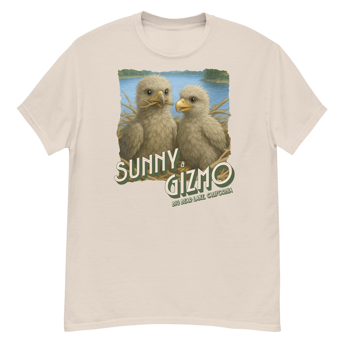 Sunny and Gizmo T-Shirt featuring Big Bear Lake’s beloved eaglets printed on a 100% cotton unisex classic tee — soft, structured fit ideal for bird lovers and eagle cam fans