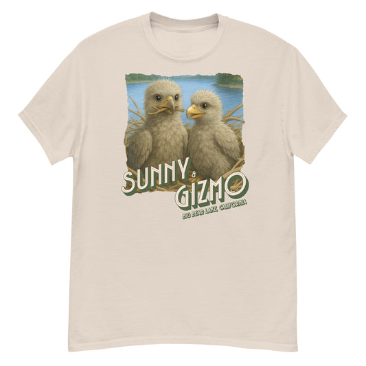 Sunny and Gizmo T-Shirt featuring Big Bear Lake’s beloved eaglets printed on a 100% cotton unisex classic tee — soft, structured fit ideal for bird lovers and eagle cam fans