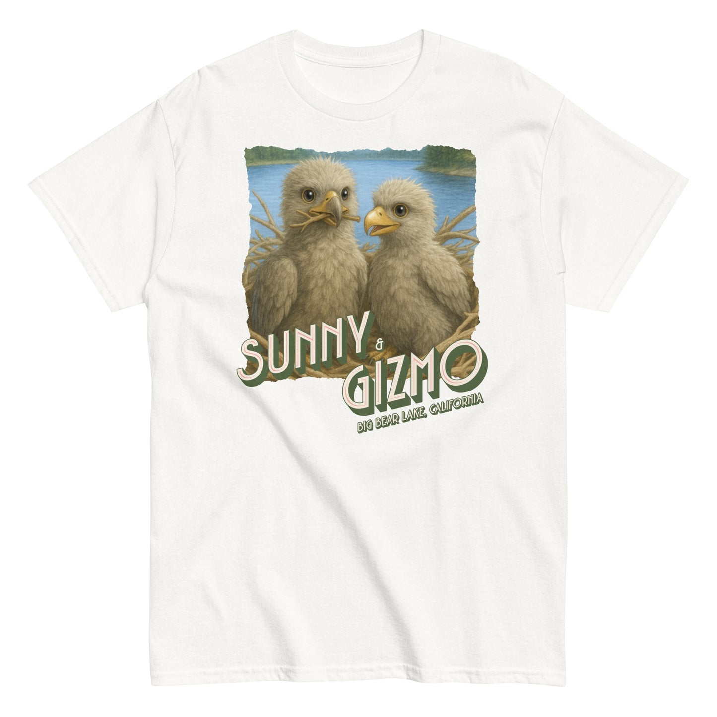 Sunny and Gizmo T-Shirt featuring Big Bear Lake’s beloved eaglets printed on a 100% cotton unisex classic tee — soft, structured fit ideal for bird lovers and eagle cam fans