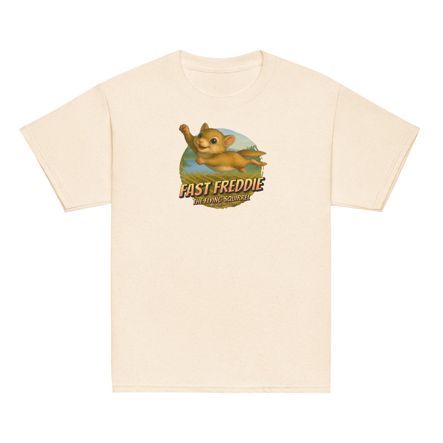 Youth t-shirt featuring Flying Freddie the squirrel soaring above Jackie and Shadow’s nest in Big Bear Valley, on a tan background.