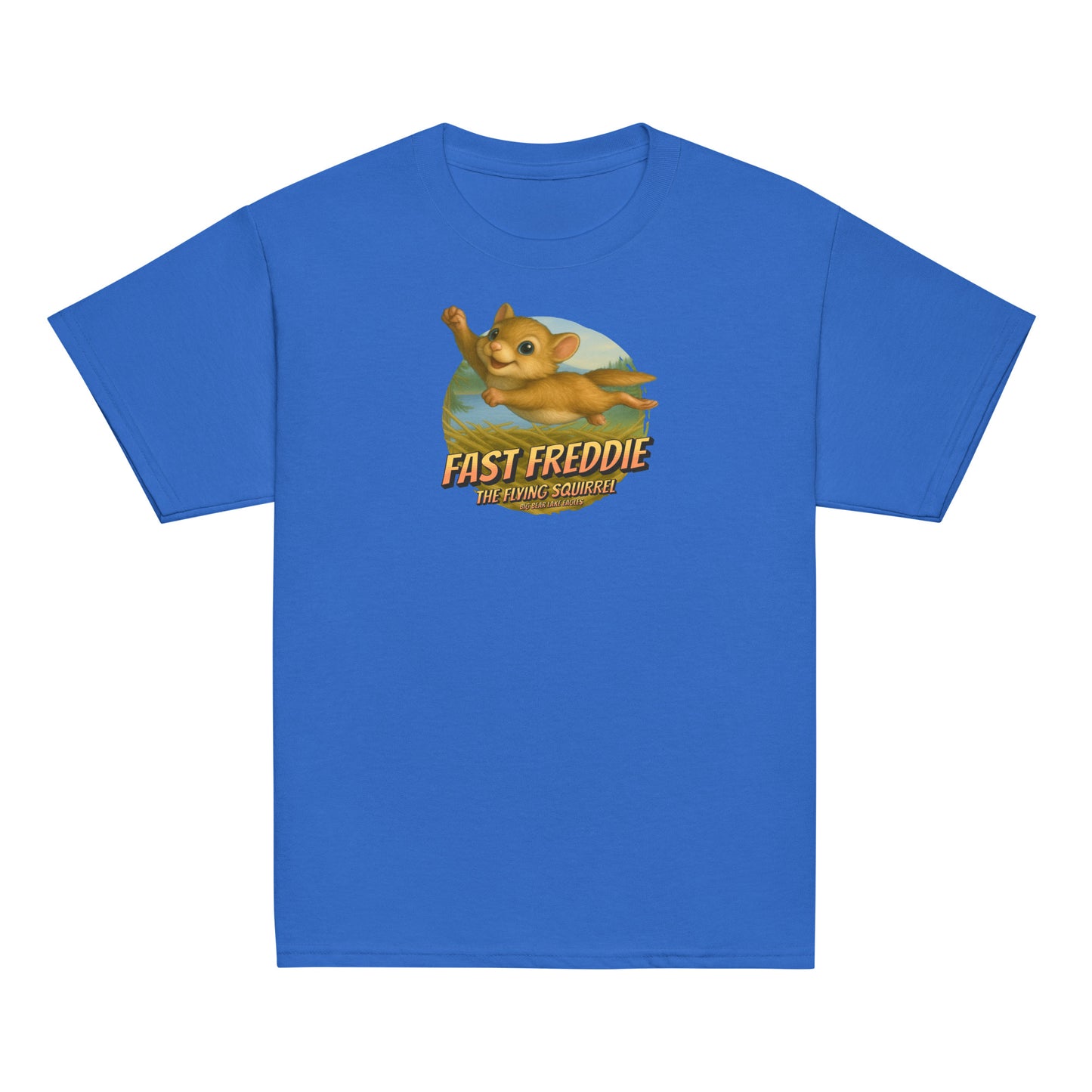 Youth t-shirt featuring Flying Freddie the squirrel soaring above Jackie and Shadow’s nest in Big Bear Valley, on a blue background.
