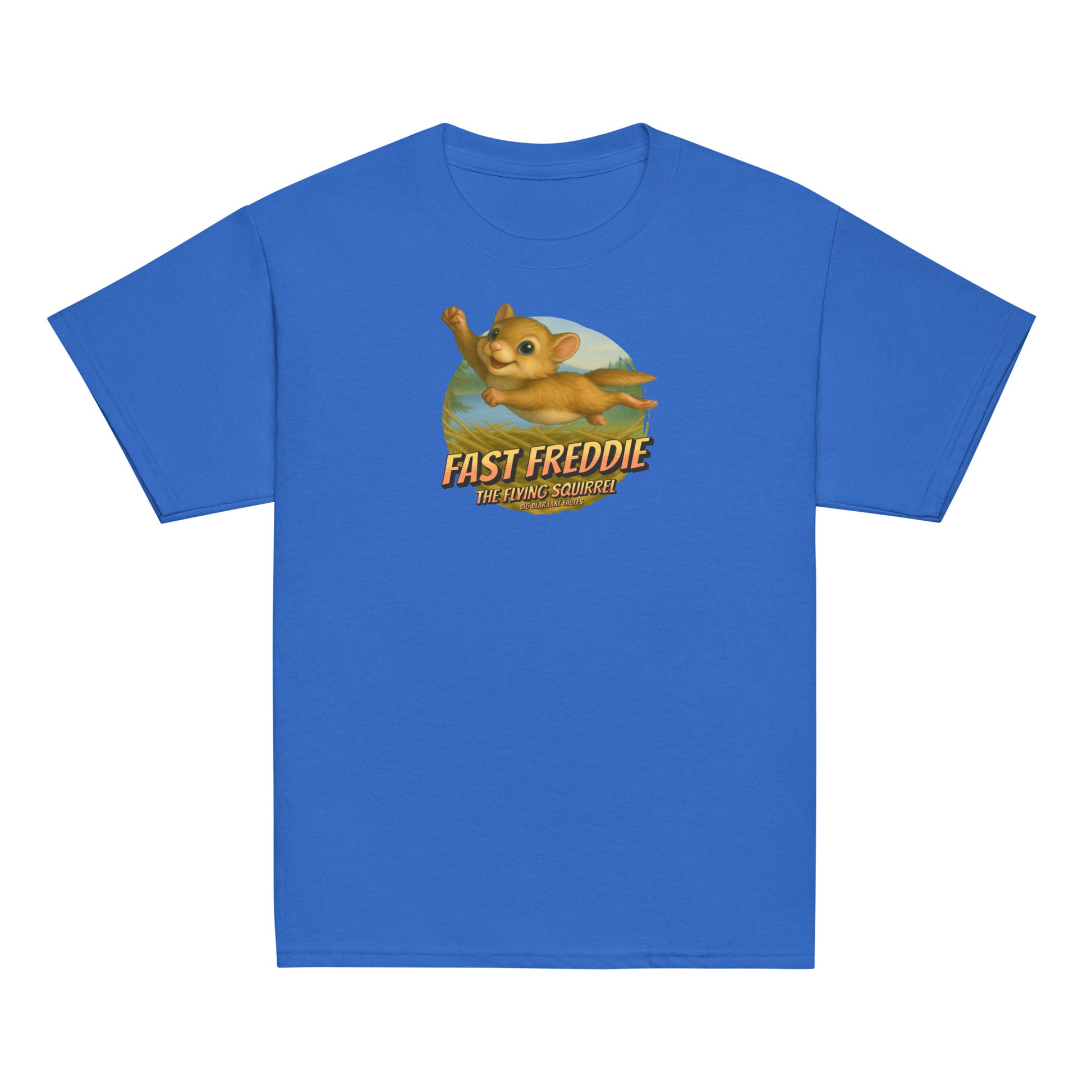 Youth t-shirt featuring Flying Freddie the squirrel soaring above Jackie and Shadow’s nest in Big Bear Valley, on a blue background.