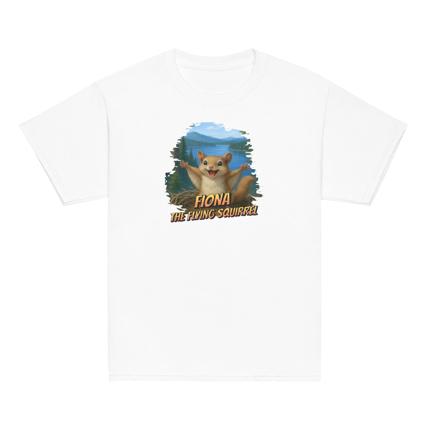 Youth t-shirt featuring Flying Fiona the squirrel in mid-glide near Jackie and Shadow’s nest in Big Bear Valley, on a white background.