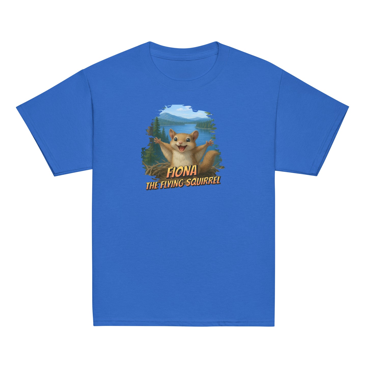 Youth t-shirt featuring Flying Fiona the squirrel in mid-glide near Jackie and Shadow’s nest in Big Bear Valley, on a blue background.