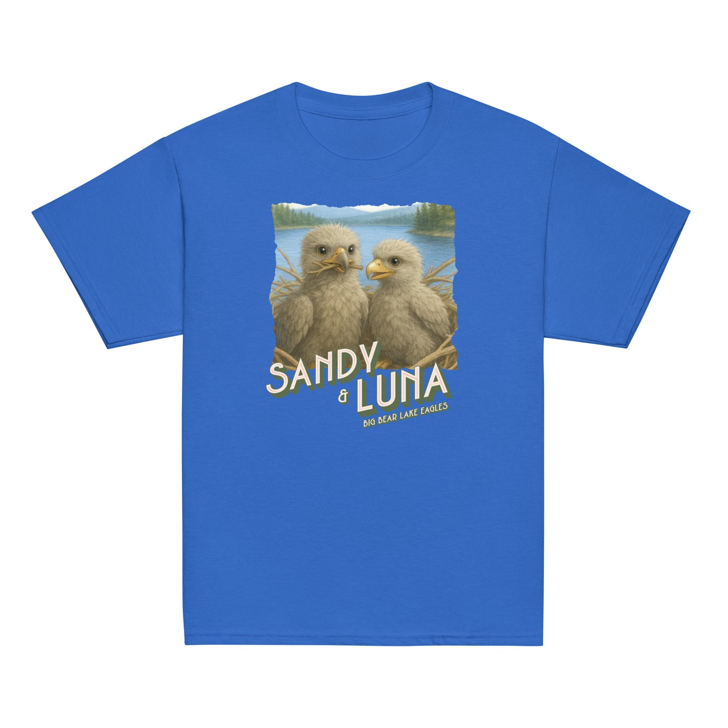 Blue t-shirt with a graphic of two eagles and text 'Sandy & Luna' on a white background