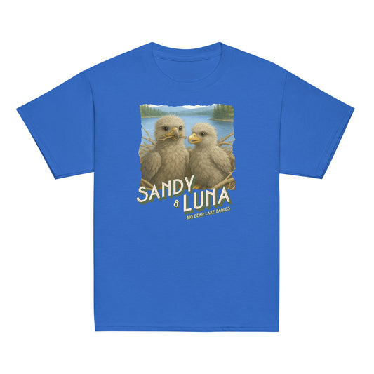 Blue t-shirt with a graphic of two eagles and text 'Sandy & Luna' on a white background