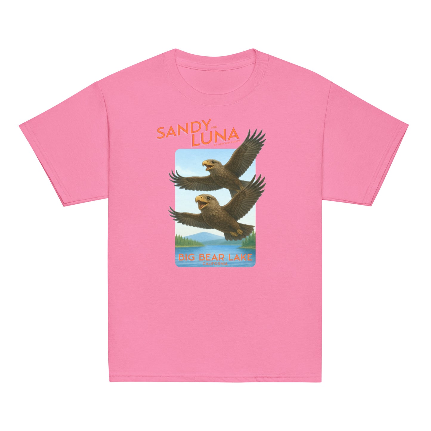 Pink t-shirt with an eagle graphic and 'Sandy Luna' text on a white background