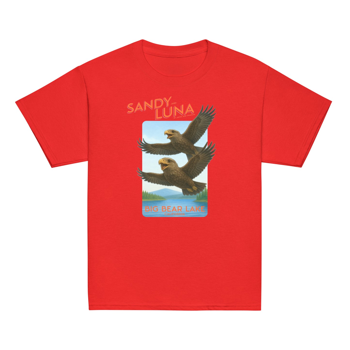 Red t-shirt with an eagle graphic and 'Sandy Luna' text on a white background