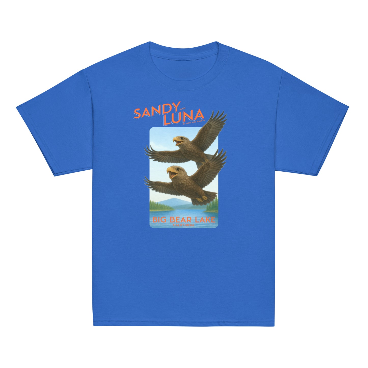 Blue t-shirt with eagles and 'Sandy Luna' branding on a white background