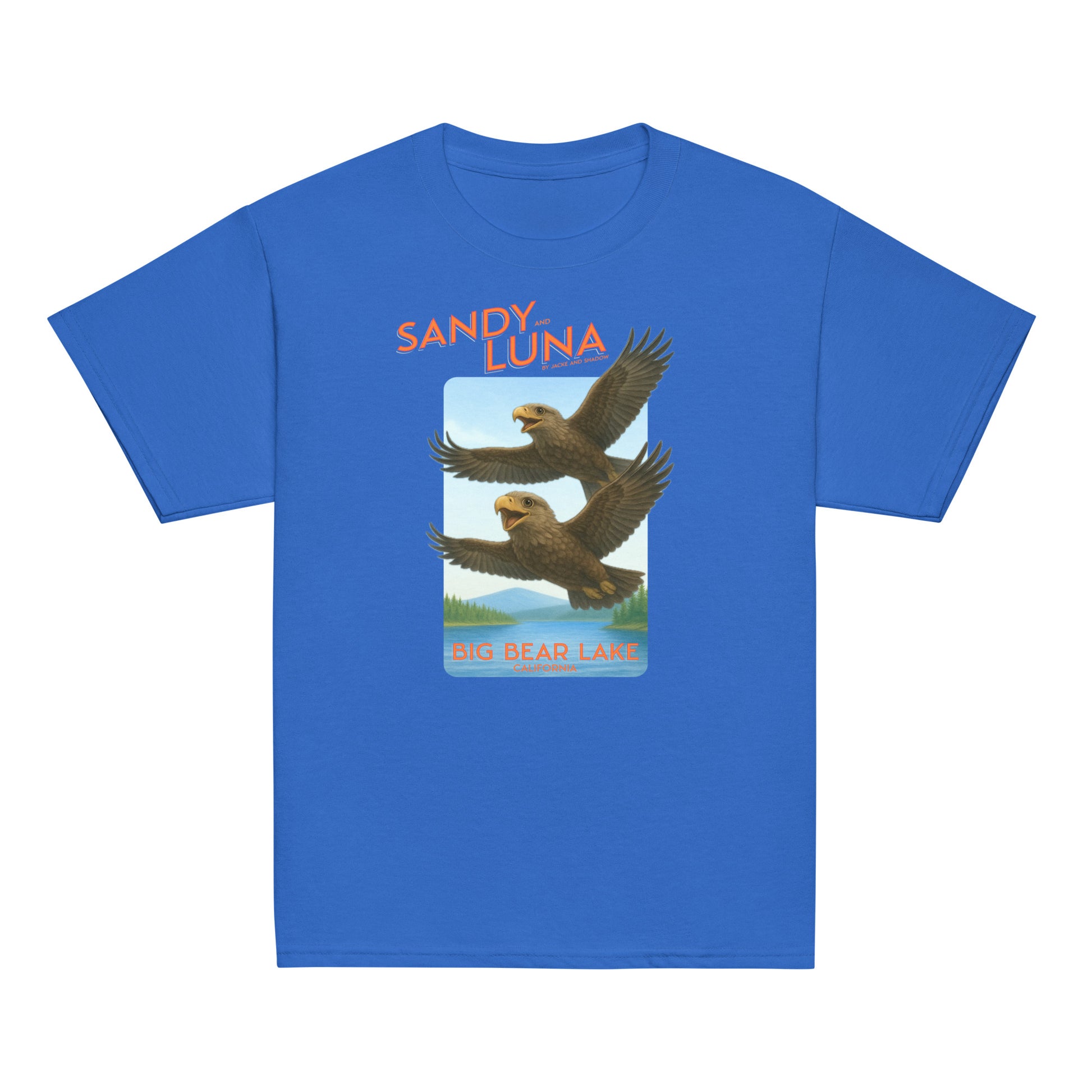 Blue t-shirt with eagles and 'Sandy Luna' branding on a white background