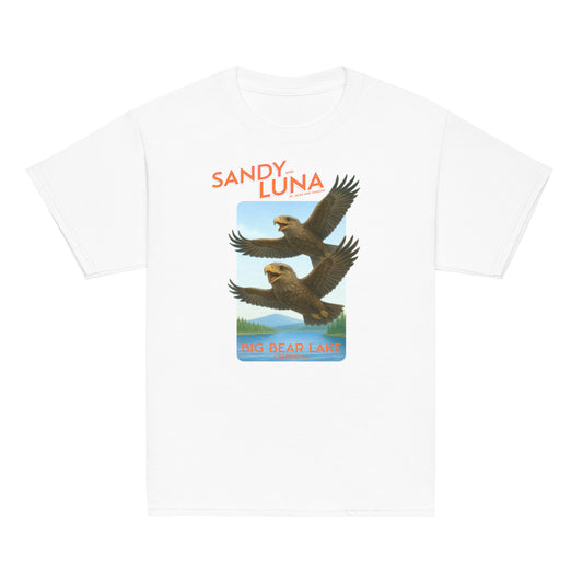 White t-shirt with eagle graphic and 'Sandy Luna' text on a white background