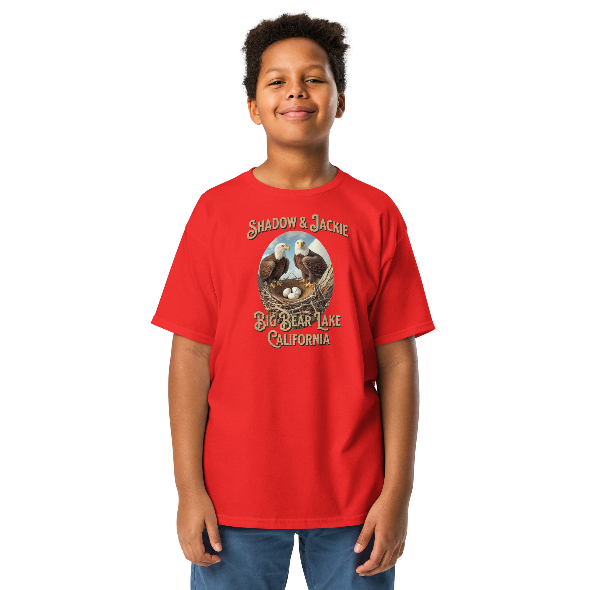 Youth t-shirt featuring Jackie and Shadow standing over their nest in Big Bear Valley, designed for young eagle fans and nature lovers.