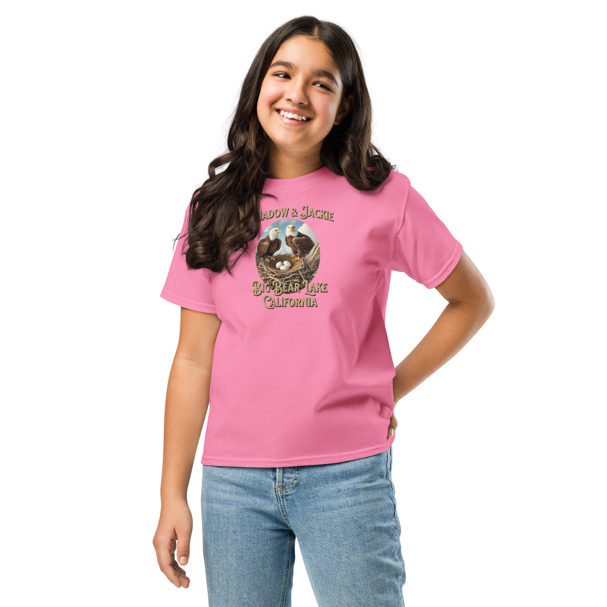 Youth t-shirt featuring Jackie and Shadow standing over their nest in Big Bear Valley, designed for young eagle fans and nature lovers.