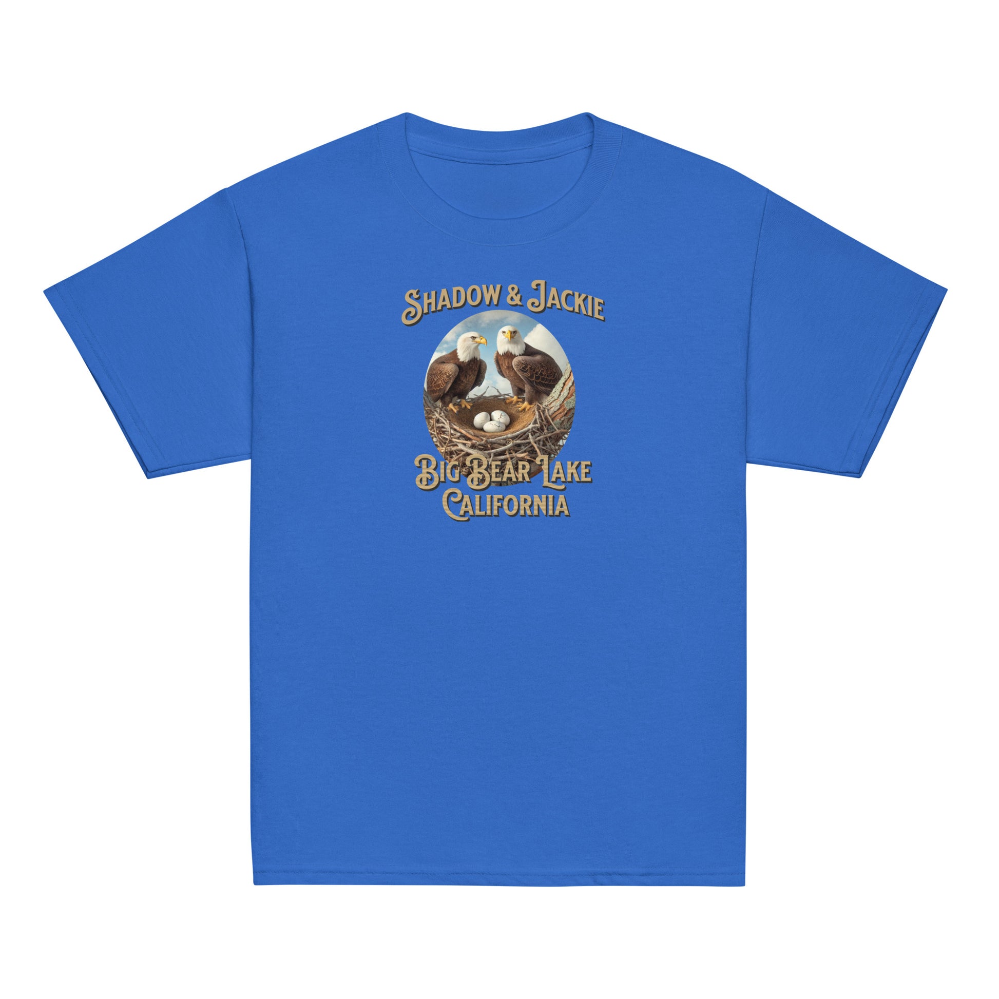 Youth t-shirt featuring Jackie and Shadow standing over their nest in Big Bear Valley, designed for young eagle fans and nature lovers.