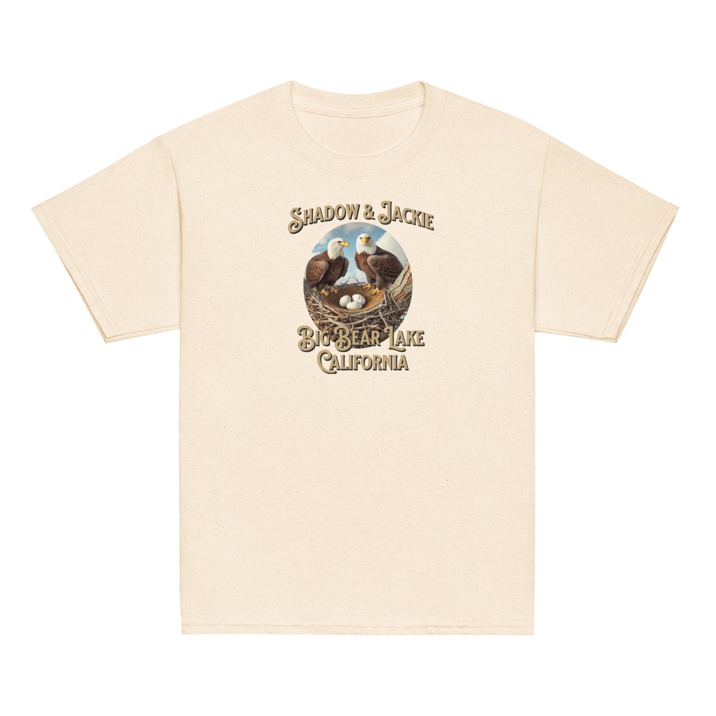 Youth t-shirt featuring Jackie and Shadow standing over their nest in Big Bear Valley, designed for young eagle fans and nature lovers.
